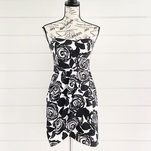 Strapless Black & White Sheath Dress With Roses S